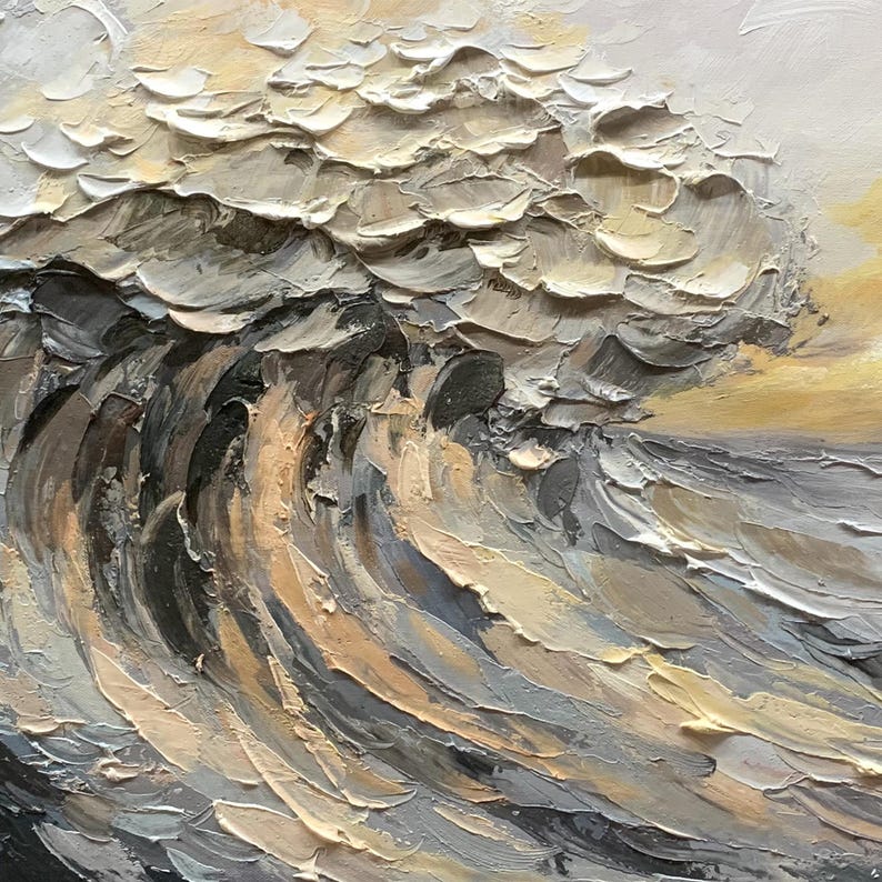 Original Waves Oil Painting On Canvas, Large Wall Art, Abstract Texture Yellow Sunset Painting, Custom Painting, Modern Living Room Decor
