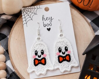 Diseño de bordado para pendientes de fantasmas de Halloween, patrón de encaje independiente FSL, aro de 4x4, descarga instantánea.