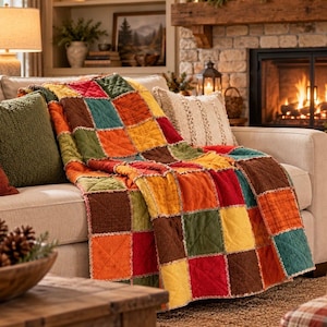 Könnte beinhalten: Eine Patchworkdecke mit einem Raster aus quadratischen Stofffeldern in den Farben Rot, Orange, Gelb, Grün, Blaugrün und Braun. Jedes Quadrat ist mit einem X-förmigen Steppmuster versehen und hat ausgefranste, sichtbare Nähte zwischen den Blöcken.