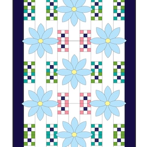May include: A rectangular design with a navy blue border and a white background. It features light blue flowers with yellow centres, and alternating vertical columns of pink and green squares. The corners have pink and navy blue squares.