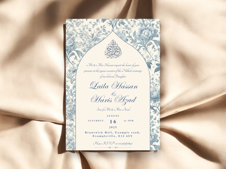 Elegant Toile du Jouy Nikkah invitation with Islamic calligraphy displayed on a beige fabric background. This editable Muslim wedding invitation template is perfect for Islamic wedding celebrations