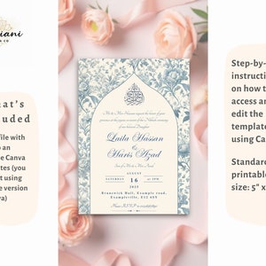 How to use the editable Nikkah invitation template for Muslim weddings. Customise the digital invitation in Canva and print or share digitally for your Islamic wedding.