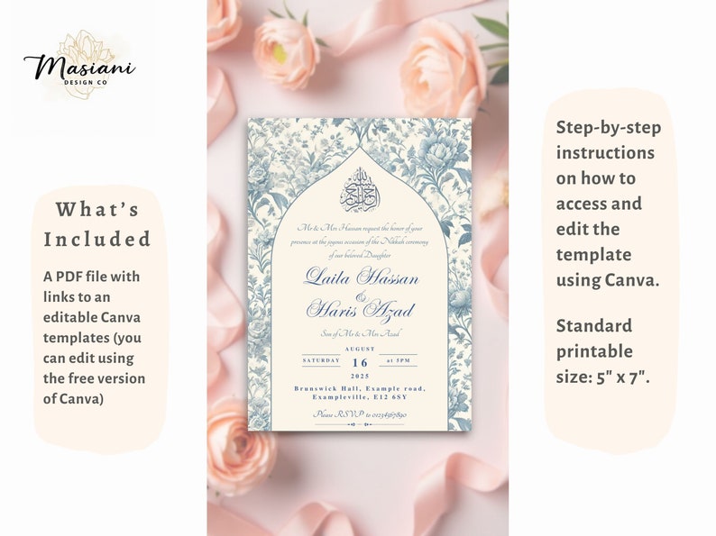 How to use the editable Nikkah invitation template for Muslim weddings. Customise the digital invitation in Canva and print or share digitally for your Islamic wedding.