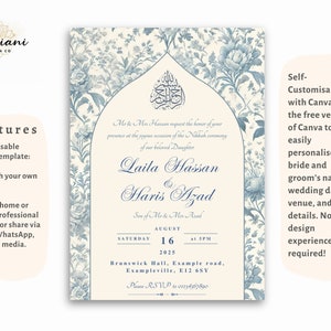 Editable Nikkah invitation for Muslim weddings, featuring a classic blue floral Toile du Jouy design with Islamic calligraphy. Customise in Canva and print for your Islamic wedding celebration.