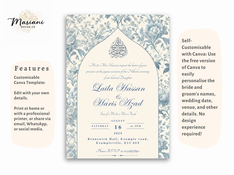 Editable Nikkah invitation for Muslim weddings, featuring a classic blue floral Toile du Jouy design with Islamic calligraphy. Customise in Canva and print for your Islamic wedding celebration.