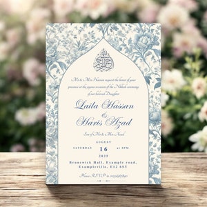 Vintage-inspired Islamic wedding invitation for a Nikkah ceremony, with a blue floral Toile du Jouy pattern and Islamic calligraphy. A perfect Muslim wedding invitation template for customisation
