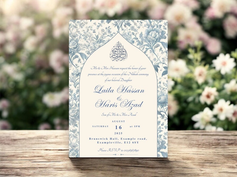 Vintage-inspired Islamic wedding invitation for a Nikkah ceremony, with a blue floral Toile du Jouy pattern and Islamic calligraphy. A perfect Muslim wedding invitation template for customisation