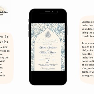Features of the customisable Nikkah invitation template for Islamic weddings. Editable in Canva, this Muslim wedding invitation features a vintage floral Toile du Jouy design.