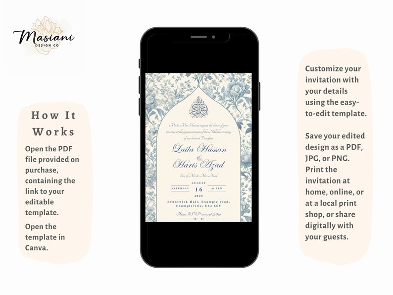 Features of the customisable Nikkah invitation template for Islamic weddings. Editable in Canva, this Muslim wedding invitation features a vintage floral Toile du Jouy design.