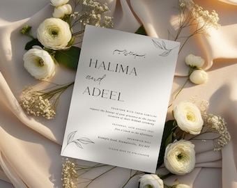 Minimalist Nikkah Invite | Cream & Black Modern Muslim Wedding Invitation | Customisable Canva Template