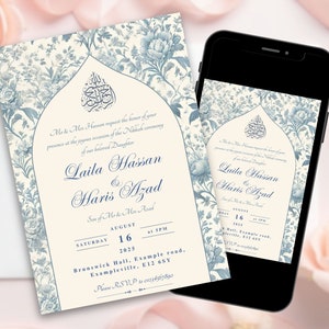 Elegant blue floral Nikkah invitation displayed on both a physical card and a mobile phone. Customisable and ideal for modern Muslim wedding celebrations