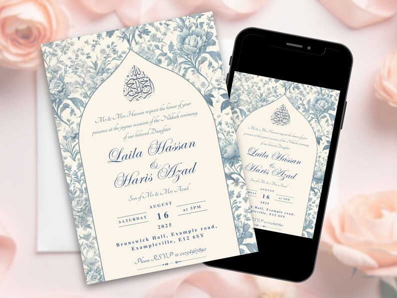 Elegant blue floral Nikkah invitation displayed on both a physical card and a mobile phone. Customisable and ideal for modern Muslim wedding celebrations
