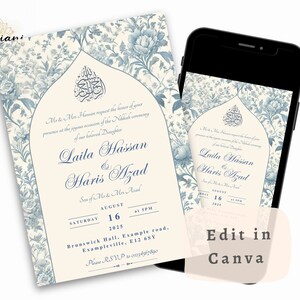 What's included in the digital Nikkah invitation template for Muslim weddings. Editable in Canva, perfect for Islamic wedding celebrations with a vintage Toile du Jouy floral design.