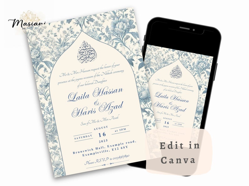 What's included in the digital Nikkah invitation template for Muslim weddings. Editable in Canva, perfect for Islamic wedding celebrations with a vintage Toile du Jouy floral design.