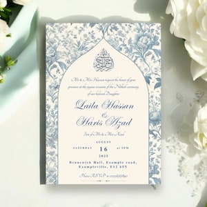 Beautiful Nikkah invitation template featuring vintage floral Toile du Jouy design with Islamic calligraphy. Ideal for customising Muslim wedding invitations, shown with fresh white flowers