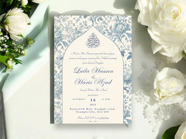 Beautiful Nikkah invitation template featuring vintage floral Toile du Jouy design with Islamic calligraphy. Ideal for customising Muslim wedding invitations, shown with fresh white flowers