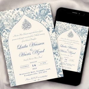 Digital Nikkah invitation template with a blue and white floral design, shown as both a printable card and a mobile version. Ideal for customising your Muslim wedding invitation.