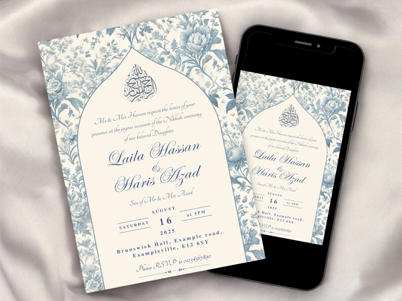 Digital Nikkah invitation template with a blue and white floral design, shown as both a printable card and a mobile version. Ideal for customising your Muslim wedding invitation.