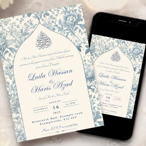Editable Muslim wedding invitation template featuring a vintage Toile du Jouy floral design. Perfect for Nikkah ceremonies and Islamic wedding celebrations, available as a digital download