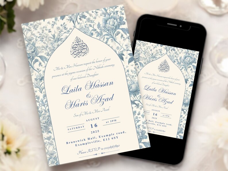 Editable Muslim wedding invitation template featuring a vintage Toile du Jouy floral design. Perfect for Nikkah ceremonies and Islamic wedding celebrations, available as a digital download