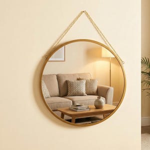 Puede incluir: Un espejo redondo con marco dorado, colgado de una cadena dorada. El espejo refleja una sala de estar con un sofá beige, una mesa de centro de madera y una planta en maceta. Un elemento decorativo de pared.