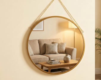 Espejo de pared redondo de metal con cadena / Espejo colgante dorado / Espejo decorativo moderno para sala de estar, entrada y dormitorio