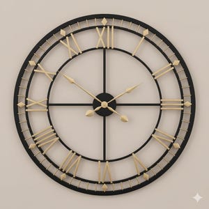 May include: A large, round wall clock with a black metal frame and gold Roman numerals. The clock hands are gold, and the face has a minimalist design. The clock measures approximately 91 cm in diameter, suitable for home decor.