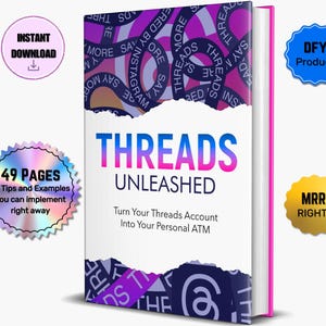 以下が含まれることがあります： ピンクと白の表紙の書籍で、タイトルは「THREADS UNLEASHED」、本文は「Turn Your Threads Account Into Your Personal ATM」です。表紙には、重なり合った円の中に「THREADS」という単語が円形に繰り返されたデザインが施されています。