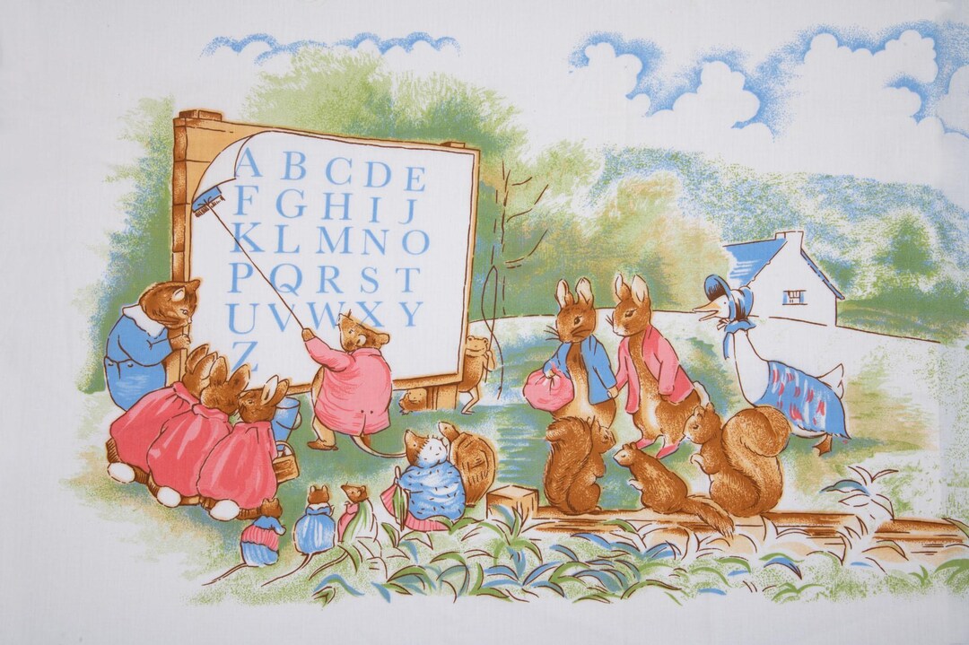 Beatrix Potter Fabric - Vintage, Cotton, Peter Rabbit, School, Samuel ...