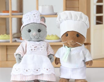 Figuras de Sylvanian: Ratón Chef y Gato Camarera. Hazelwood Basil, Simpkins Suzette y Calico Critters.