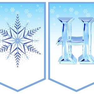May include: Two blue and white banner flags with a snowflake on one and the letter H on the other. The snowflake is blue and white and the letter H is a 3D ice blue.
