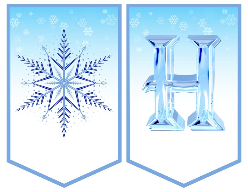 May include: Two blue and white banner flags with a snowflake on one and the letter H on the other. The snowflake is blue and white and the letter H is a 3D ice blue.