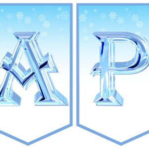 May include: Two blue, icy, decorative letters, A and P, on a white background with a light blue snowflake pattern.