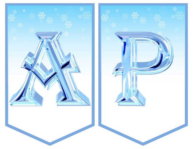 May include: Two blue, icy, decorative letters, A and P, on a white background with a light blue snowflake pattern.