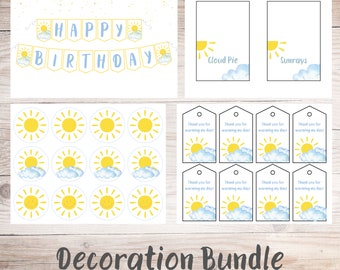Pacchetto di modelli di decorazioni "You Are My Sunshine" / Decorazioni di compleanno a tema sole / Decorazioni "Here Comes the Sun" / Download immediato