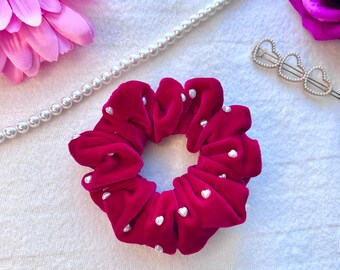 Magenta Velvet Scrunchie: Heart Pearl Hair Accessory