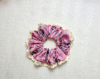 Linen Floral Lace Scrunchie | Handmade Pink Floral Hair Scrunchie | Lace Trim Scrunchie | Soft Fabric Hair Tie | Gift for Girls & Women
