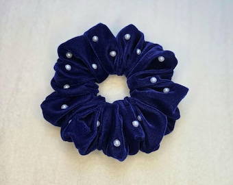 Velvet Pearl Scrunchie | Royal Blue Velvet Hair Tie | Elegant Hair Accessory | Oversized | Bridesmaid Gift | Party Wedding Hair Scrunchie
