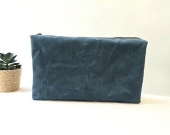 Waxed Canvas EDC Pouch | Dusky Teal | Waterproof Lined Travel Case | Minimalist Utility Zipper Bag | Durable Everyday Organiser | 22x13x4