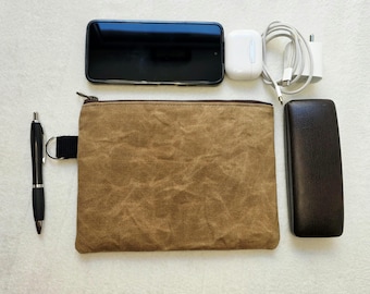Waxed Canvas Flat Pouch | Brown Travel Wallet | EDC Organizer | Waterproof Lined Zipper Pouch | Minimalist Travel Accessories | Tech Pouch