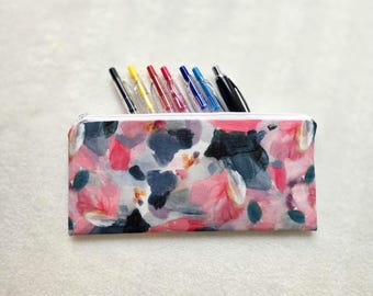 Watercolor Floral Linen Pencil Pouch | Slim Pen Case | Aesthetic Pencil Bag | Zipper Stationery Pouch | Student Pencil Case | Teacher Gift