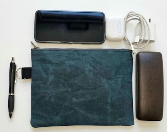 Waxed Canvas Flat Pouch | Teal Travel Wallet | EDC Organizer | Waterproof Lined Zipper Pouch | Minimalist Travel Accessories | Tech Pouch