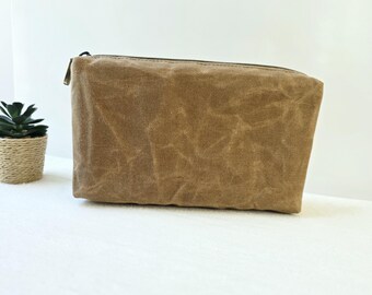 Waxed Canvas EDC Pouch | Caramel Brown | Waterproof Lined Travel Case | Minimalist Utility Zipper Bag | Durable Everyday Organiser | 22x13x4