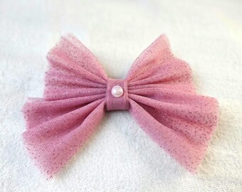 Dusty Pink Glitter Net Bow with Pearl