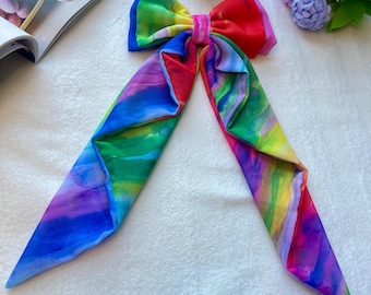 Long Tail Bow Clip | Colourful Striped Pleated Bow
