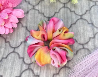 Pastel Rainbow Satin Georgette Scrunchie | Fluffy Silk-Feel Hair Scrunchie | Soft Pastel Hair Accessory | Handmade Luxury Scrunchie | Gift