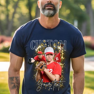 a man wearing a custom t - shirt with a picture of a baseball player