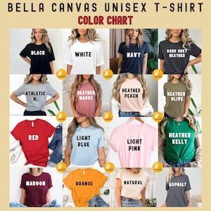 May include: Color chart for Bella Canvas unisex t-shirts.  The chart shows 12 different colors, including black, white, navy, dark grey heather, athletic heather, heather mauve, heather peach, heather olive, red, light blue, light pink, heather kelly, maroon, orange, natural, and asphalt.