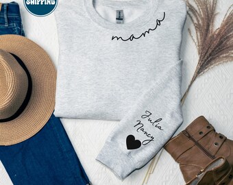 Sudadera personalizada para mamá, manga con nombres personalizados para niños, regalo para mamá, sudadera navideña de cuello redondo, agradecimiento a la maternidad, suéter personalizado para mamá