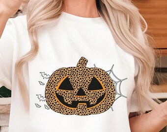 Leoparden-Kürbis-T-Shirt, Hemd mit Gepardenmuster, Herbstliche Wohlfühlfarben, Grusel-Top, Kürbis-Kleidung, Herbstmode, Kürbis-T-Shirt
